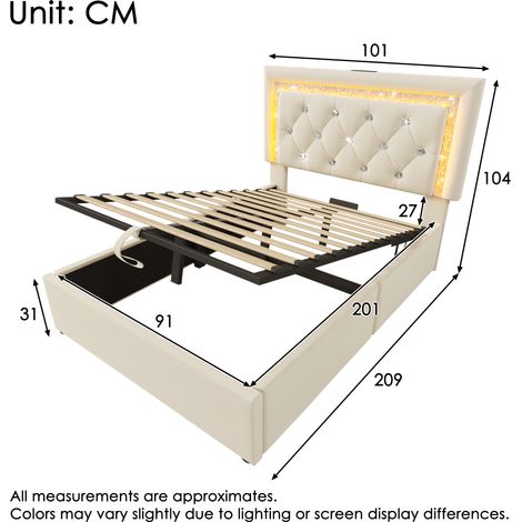 Lit simple velours beige 90x200 cm avec tête de lit LED diamantée, station charge USB-C, coffre hydraulique, sommier à lattes, pour adolescent, moderne, avec matelas inclus
