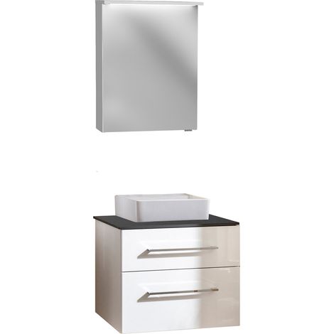 Fackelmann OXFORD Badmöbel Set 3 Teile / Keramik Waschbecken / Waschtischunterschrank mit 2 Schubladen und Soft-Close / Waschtischplatte / Korpus & Front: Weiß / Platte: Schwarz / Breite ca. 60 cm"-"9 (1/5)