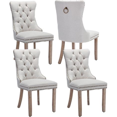 Lot de 4 chaises de salle à manger en lin beige, dossier haut, pieds bois massif (1/5)