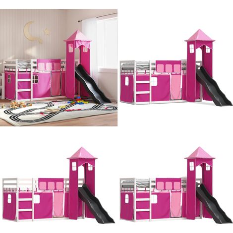 Etagenbett mit Rutsche und Gardinen Rosa 90x200 cm - Hochbett für Kinder - Holzbett