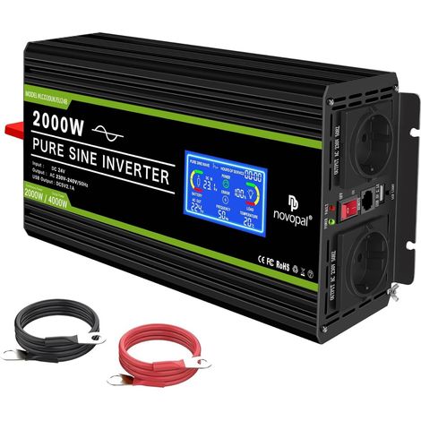 2000W 4000W Convertisseur Pur Sinus 24V 220V 230V Onduleur 5m télécommande,2 EU Prises,1 port USB,écran LCD,pour Voiture,Caravane,Bateau,Camion,Voyage (1/5)