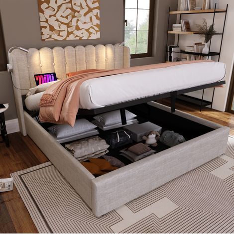Lit double capitonné rustique 160x200 cm en lin naturel avec tête de lit, liseuse, USB et coffre (1/5)