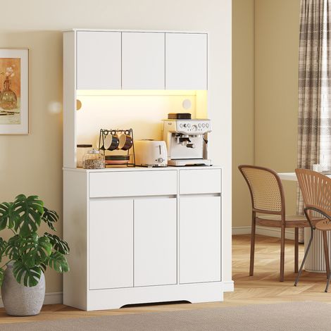 Aparador de cocina, mueble alto con iluminación LED RGB, encimera, 6 puertas, 2 cajones, blanco.
