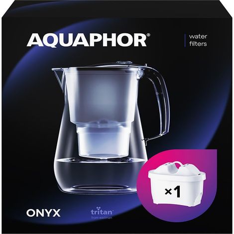 AQUAPHOR Filtro dell'acqua Onyx Nero incl 1 filtro MAXFOR+ I Filtro dell'acqua dall'aspetto in vetro 4,2l I Riduce il calcare e il cloro I Perfetto per la famiglia I Qualità premium Caraffa (1/5)