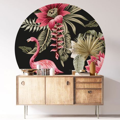 Sticker mural rond / cercle - Flamant rose - Diamètre 30 cm - Adhésif MAT (1/3)