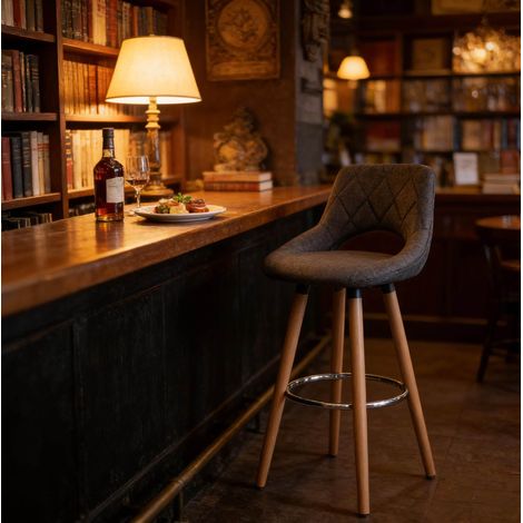 Taburete de bar con respaldo, asiento de lino, patas de madera, gris oscuro DESVIAE (1/5)