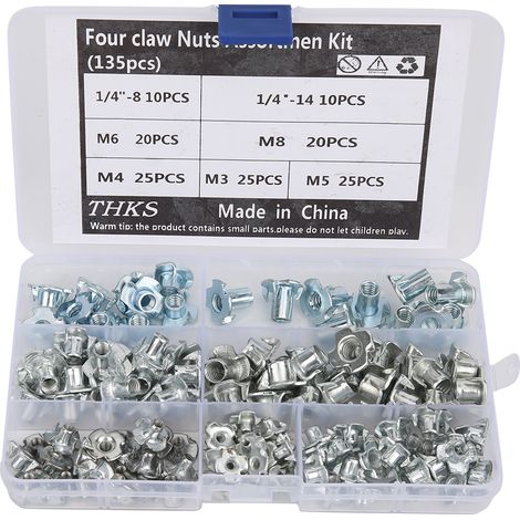 Kit de 135 pièces en acier carboné d'écrous à quatre griffes pour assemblage de meubles, portes et armoires (1/5)