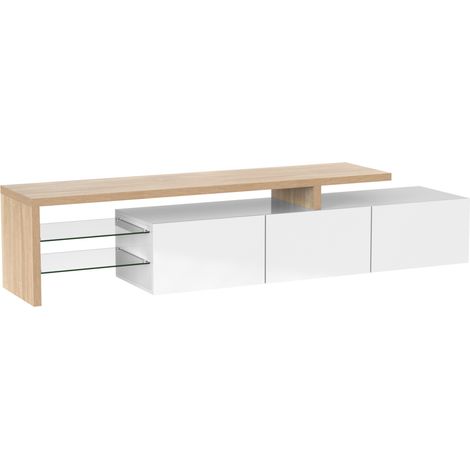 Meuble TV moderne en blanc laqué et bois avec étagères en verre et éclairage LED multicolore (1/5)