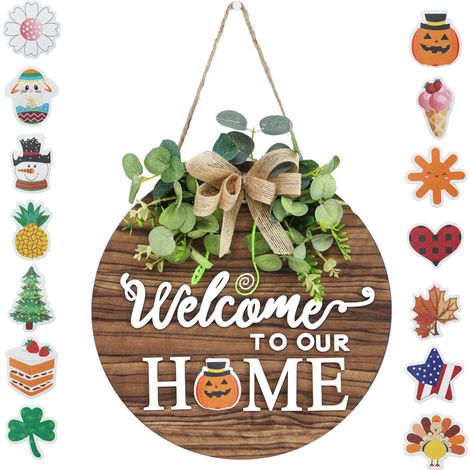 Corona de pared rústica de madera, decoración intercambiable para todas las estaciones y festividades (exterior/terraza). (1/5)
