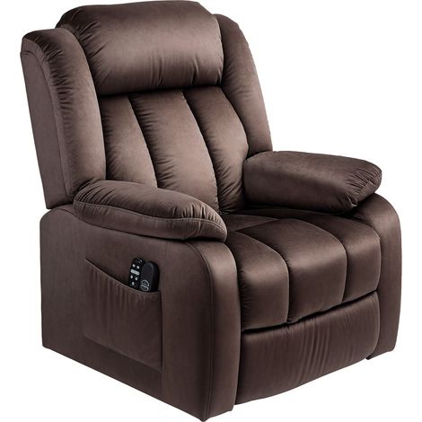 Fernsehsessel mit Aufstehhilfe Elektrisch Relaxsessel mit Liegefunktion, Vibrationsmassage, Heizfunktion, TV-Sessel mit Taschenfederkern, Seitentasche und Fernbedienung, Braun