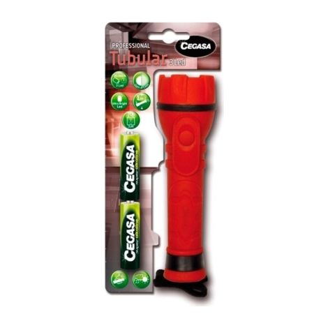 Cegasa torcia professionale de 3 led - corpo de gomma antiscivolo - resistente agli urti e all'umidità - funziona con 2 batterie lr6 (incluse)