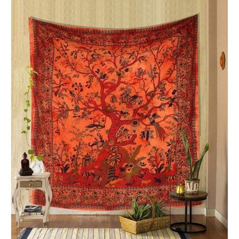 Tapisserie Orange Arbre de Vie, Décoration Murale Psychédélique (60 x 54 Pouces) ODIPIE (1/4)