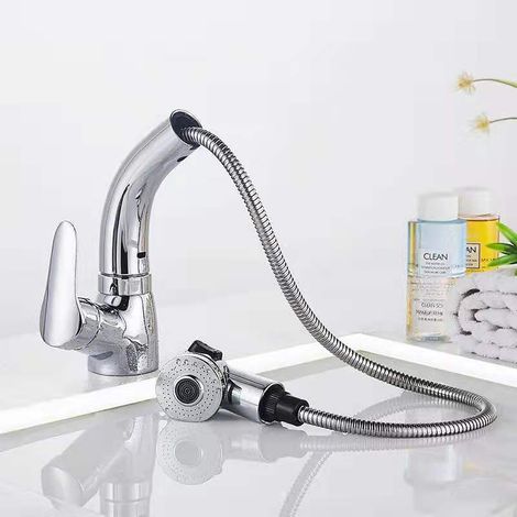 Brass pull-out basin faucet for hot and cold water, bathroom vanity basin, splash-proof telescopic faucet - electroplated large head pull-out model [with hose]