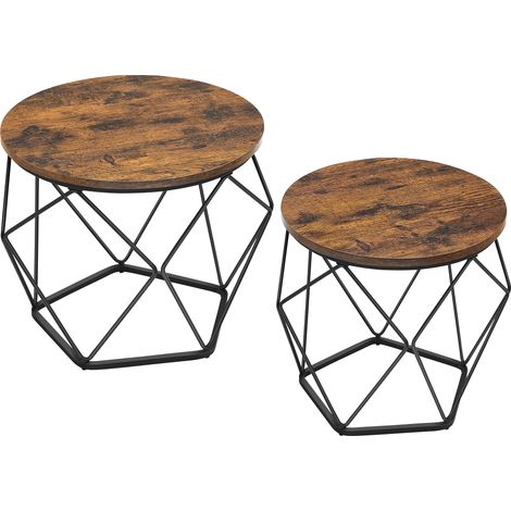 Vasagle – Lot de 2 tables basses rondes – Plateau amovible en aggloméré marron rustique – Cadre en acier noir – Dimensions 60x45cm et 50x40cm (1/5)