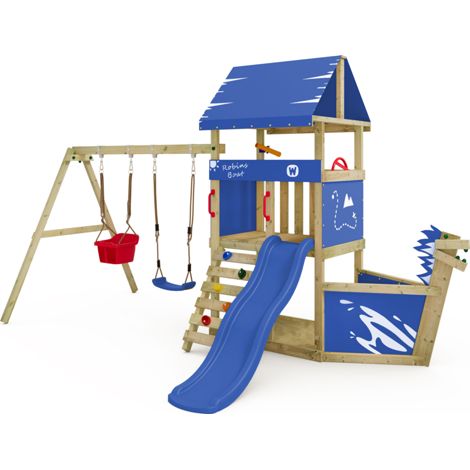 Wickey DinkyHouse wooden play tower with swing viking style in blue