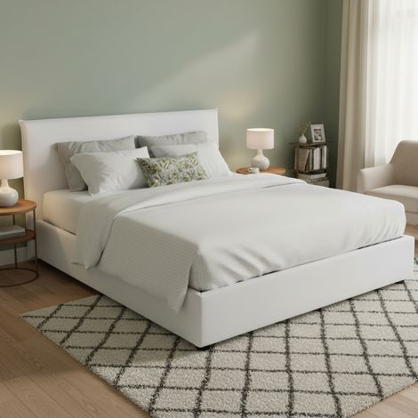 Talamo Italia Cama matrimonial Bonella, Cama contenedor con revestimiento de tela, 100% Made in Italy, Apertura frontal, adecuado para colchón Cm 160x200, Blanco, con embalaje reforzado (1/5)