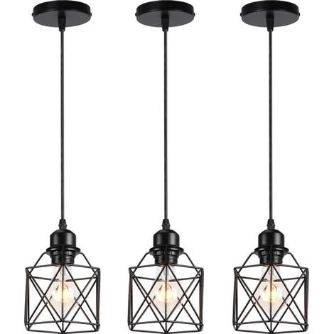 U-Do 3Pcs Lustre Suspension Ajustable Industriel Cage en Fer Noir E27 Lampe de Plafonde Intérieur convient pour Café Salon Bar (1/4)