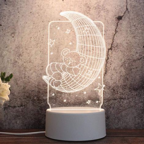 Veilleuse 3D pour Enfants,Illusion Nuit Lumiere Lampe de Chevet, 3 Couleurs de Nuit pour Chambre Enfant anniversaire Enfants Noël Cadeau,Ours de lune