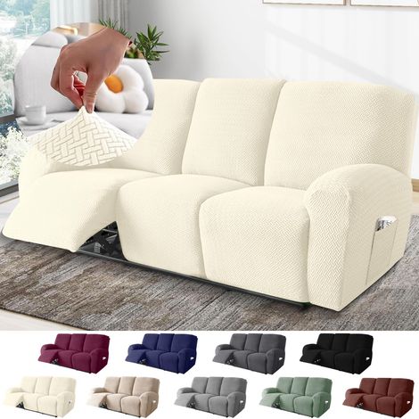 3-Sitzer Sessel Überzug, Sesselbezuge Stretch mit Taschen, All-Inclusive Streifen-Jacquard Sesselschoner für Fernsehsessel Relaxsessel Sesselhusse (Beige, 8-Teilig)