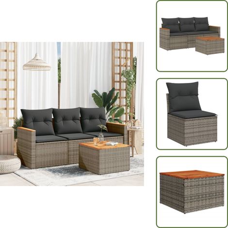 The Living Store Salon de jardin 4 pcs avec coussins gris résine tressée - Ensemble Salon De Jardin - Mobilier De Jardin - Canapé Extérieur - Table Basse Extérieure - Chaise Lounge