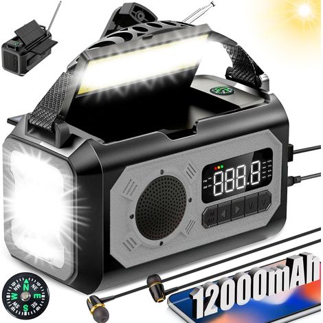 12000mAh AM/FM Radio Solaire avec Manivelle, 2 Panneaux Solaires, Câble USB,3 Méthodes de Chargement,Alarme SOS,Lampe de Poche,Chargeur de Téléphone, Boussole,Prise pour Casque D'écoute (1/5)