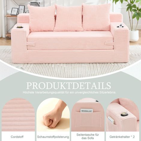 Dreier-Sofa aus Baumwoll- und Leinenstoff, mit Getränkehalter und seitlichen Taschen, kann in drei Sitzplätze umgewandelt werden, rahmenloser Design mit gestrickten Kissen und Rückenlehne, großes Sitz (1/5)