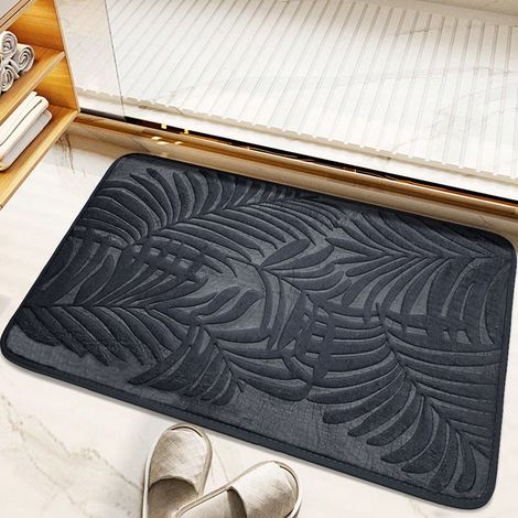 Tapis de Bain Antidérapant – Mousse à Mémoire de Forme – Épais et Absorbant – 40 x 60 cm – Motif Feuille – Noir