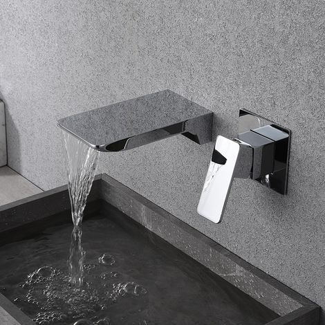 Robinet mitigeur mural encastré noir, 2 trous, effet cascade, laiton argenté - Robinet mitigeur de lavabo RW (1/3)