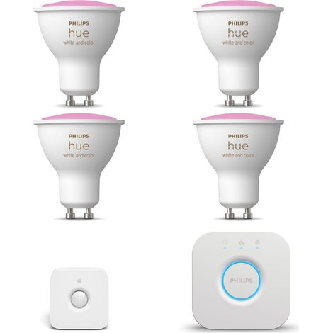 Philips Hue Kit de démarrage GU10 avec 4 Spots LED Lumière blanche et colorée - Comprend 1 Bridge, 1 détecteur de mouvement pour l'intérieur - White and Color Ambiance (1/5)