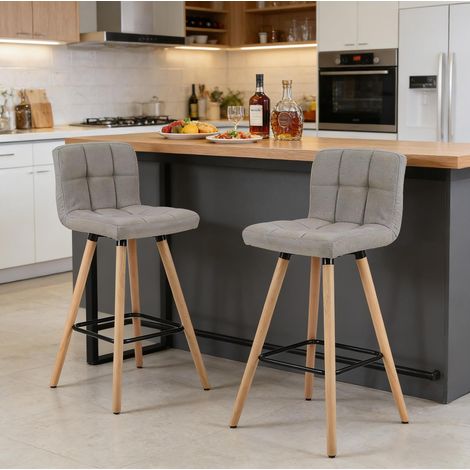 Taburete de bar de madera maciza y lino gris claro, ergonómico, 2 unidades (1/5)
