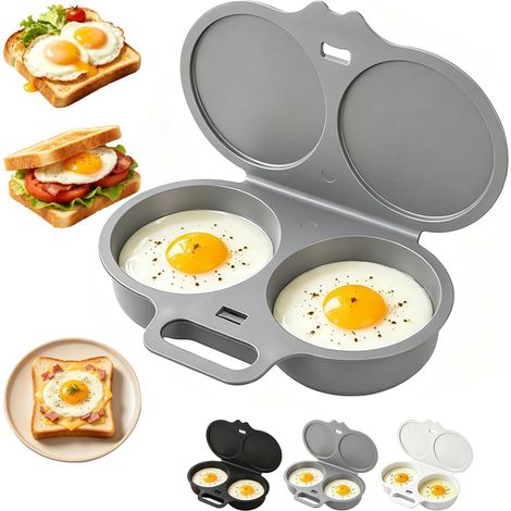 Cuiseur à œufs pour micro-ondes, double cavité 2 œufs, couvercle et poignée, PP alimentaire, gris clair (1/5)
