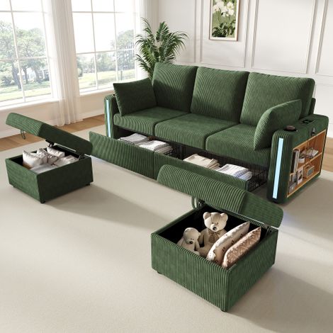 Canapé d'angle,canapé Convertible 5 places,avec 2 tabourets avec rangements,LED via application,USB/Type-C,étagère accoudoir, grands tiroirs,coussins,5 Places en Forme de U pour Salon,Vert (1/5)