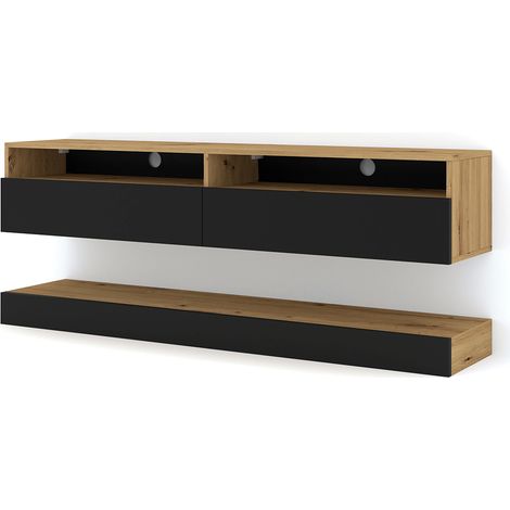 Meuble TV suspendu 160 cm chêne artisanal – 2 compartiments fermés – 2 étagères ouvertes – Panneau stratifié 16 mm noir mat – Salone Srl (1/7)