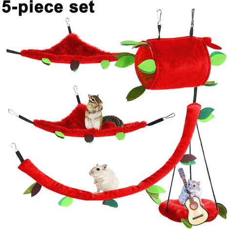 Ensemble 5 pièces pour hamster : hamac, maisonnette, tunnel, balançoire, feuille suspendue