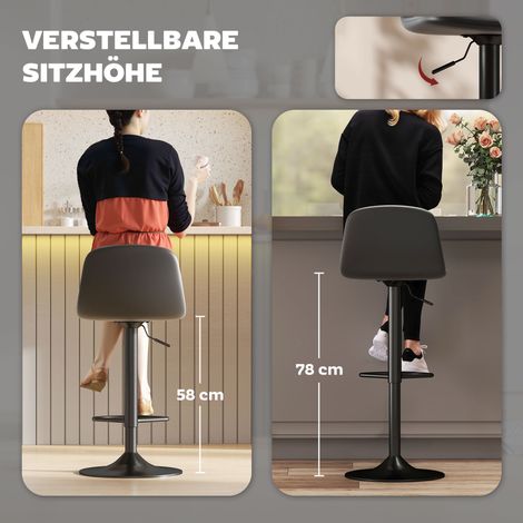 Lot de 2 tabourets de bar pivotants, revêtement similicuir noir, dossier et repose-pieds inclus, piètement métal (1/5)