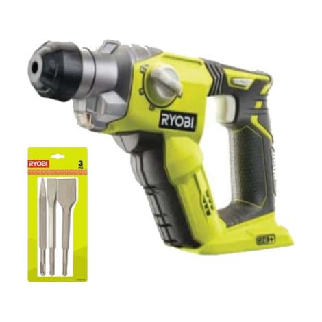 RYOBI Pack Marteau perforateur 18V One+ sans batterie ni chargeur R18SDS-0 - Kit 3 burins SDS+ RIOBY 1 pointe - 1 plat - 1 bêche - RAKSPC03