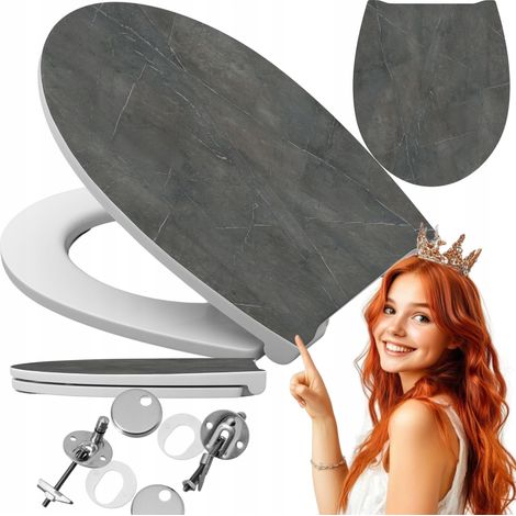 Abattant WC universel marbre gris – frein de chute, antibactérien, ovale (1/5)