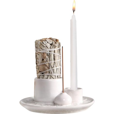 Brûleur d'encens multifonction 4 en 1 pour bâtons, porte-encens Palo Santo, brûleur de sauge, bougeoir en céramique pour yoga, méditation (glaçage blanc, gouttelette) (1/2)
