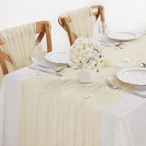 Lot de 2 Chemin de Table Mariage Bohème Beige Mousseline Gaze de Coton, Table Runner Décoration Fête Anniversaire 90 x 300 cm (1/5)