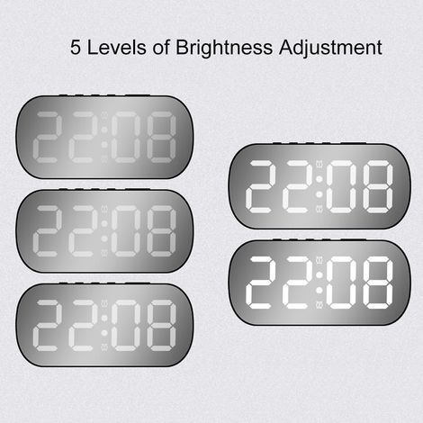 Piccola sveglia digitale con visualizzazione della temperatura, data, modalità notturna, cinque livelli di luminosità, doppia sveglia e funzione snooze (luce bianca e nera). (1/4)