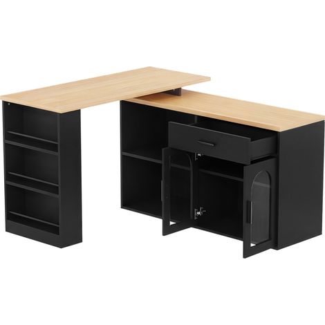 Isla de cocina giratoria 360° con armario, cajón y estantes, MDF negro y natural (1/5)