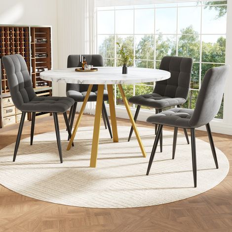 Table à Manger - Ensemble 5 Pièces - Table Ronde 80 cm - Chaises Velours Gris - Pieds Métal Or (1/4)