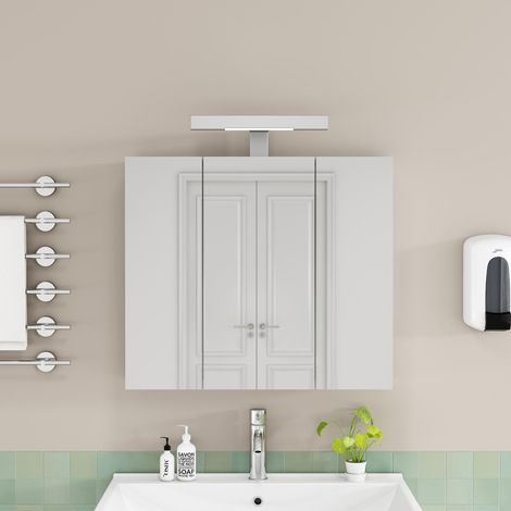 Armario con espejo para baño con luz led y enchufe 60 cm - mueble suspendido de pared 3 puertas con estantes de vidrio ajustables mdf - blanco (1/5)