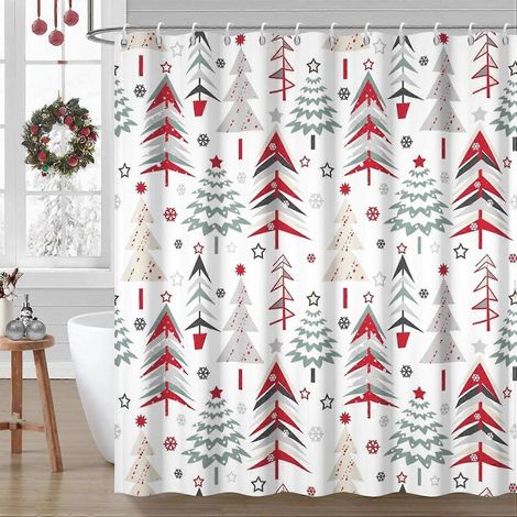 Rideau de douche anti-moisissure, 180 x 200 cm, motif abstrait forêt de Noël rouge et vert, sapin de Noël, tissu imperméable et lavable. (1/5)