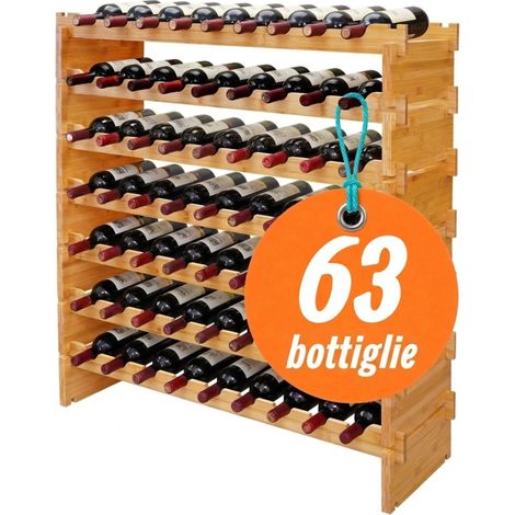 Relaxdays Scaffale Vino, 63 Bottiglie, Bambù, AxLxP: 94 x 85 x 25,5 cm, Rosso e Bianco, Impilabile, Naturale