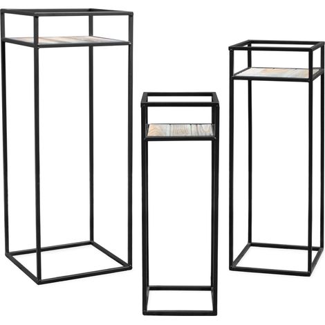 Metall Blumenhocker schwarz 3er Set - 70 / 60 / 50 cm - Pflanzenständer mit Holzplatte - Metall Blumenhocker schwarz 3er Set - 70 / 60 / 50 cm - Pflanzenständer mit Holzplatte - Deko Blumensäule Pflan