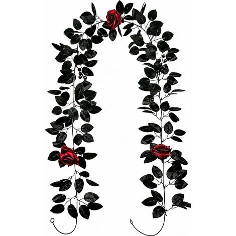 Guirlande de feuilles de rose noire en rotin pour Halloween, décoration intérieure avec fleurs artificielles en soie, tête de 2 m. (1/4)