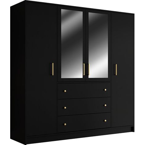 Armadio 4 ante e 3 cassetti Con specchi L196 cm Nero - LIZANDRO