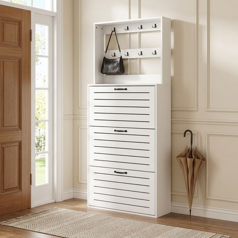 Mueble zapatero con percheros, 70x25x165 cm, 8 ganchos, 3 estantes para zapatos, tablero de partículas blanco (1/5)