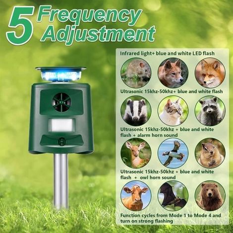 Répulsif pour chats,répulsif à ultrasons à énergie solaire 5 modes réglable, répulsif pour animaux à ultrasons